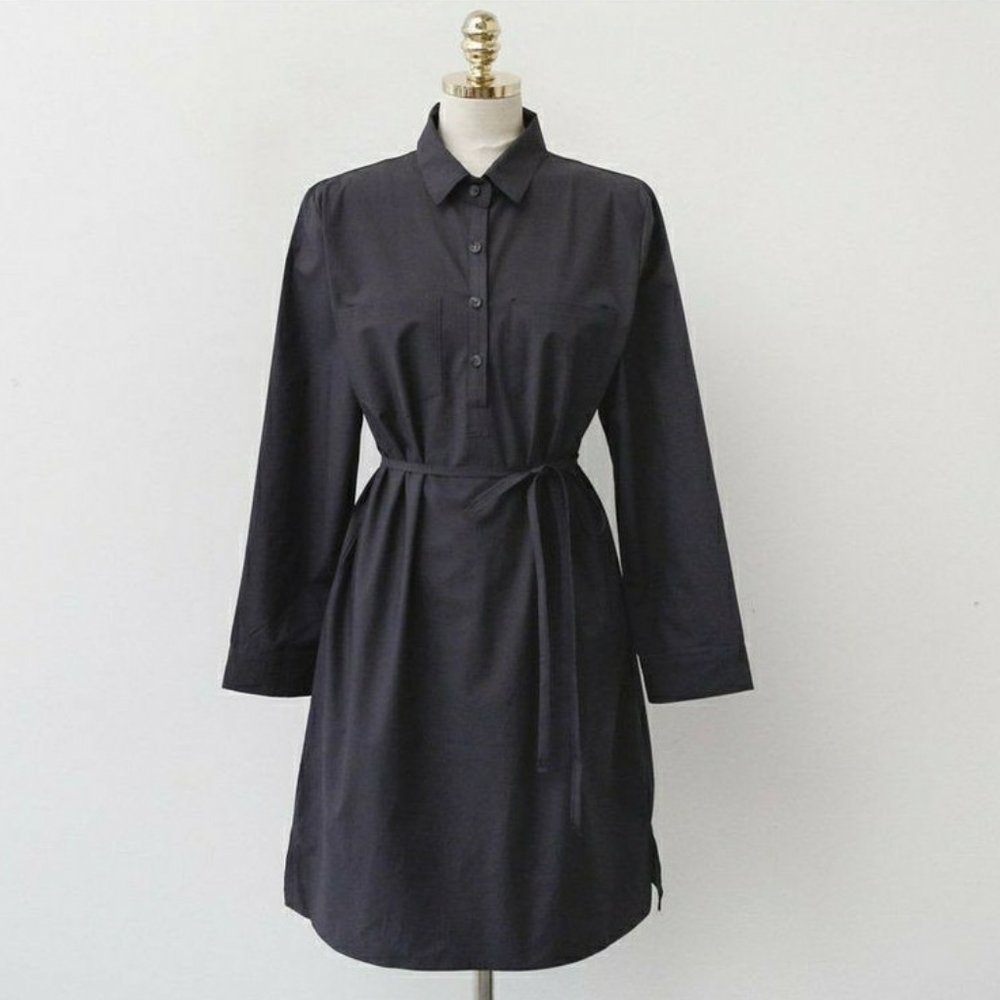 Half Placket Crisp Cotton Shirtdress with Tie Waist, S